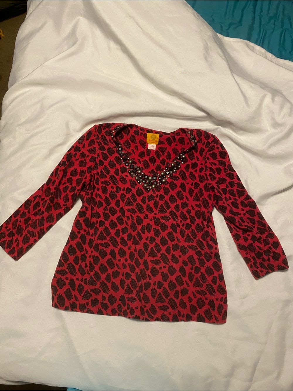 Ruby Rd. Red & Black Leopard Print Long Sleeve Top with Beaded V-Neck pm